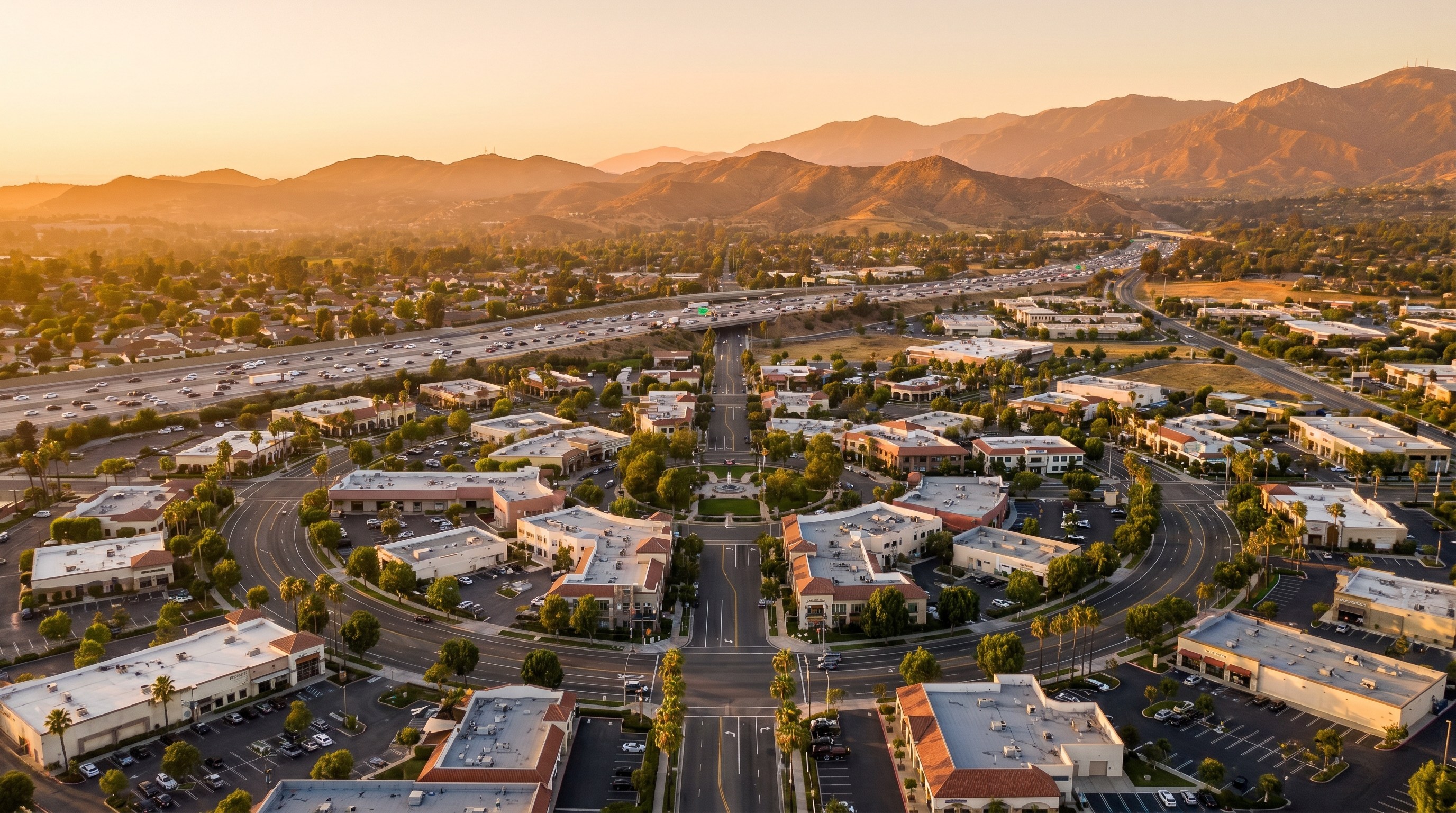 Corona California Circle City business district with Santa Ana Mountains backdrop